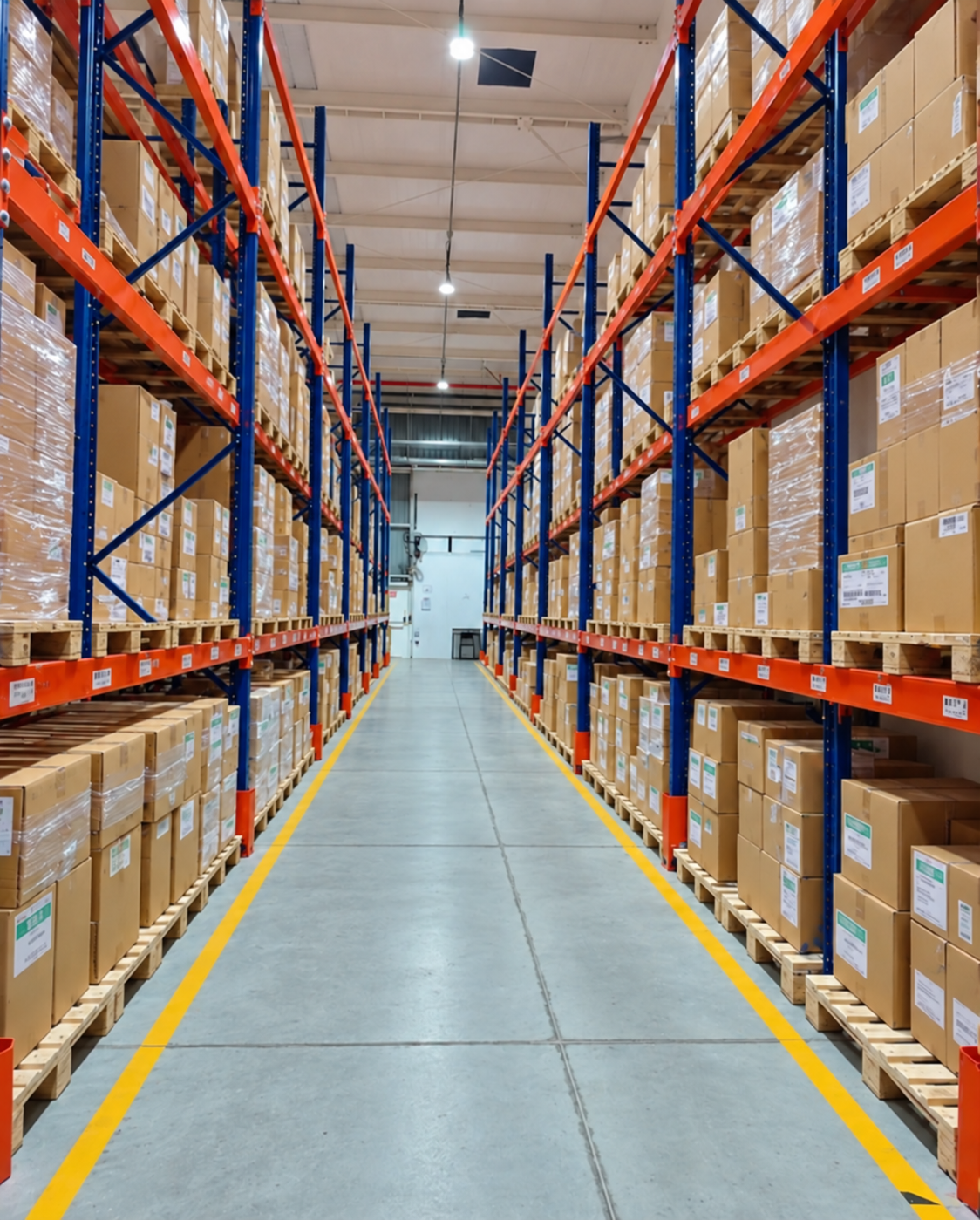 Interior de almacén con racks y productos sobre pallets