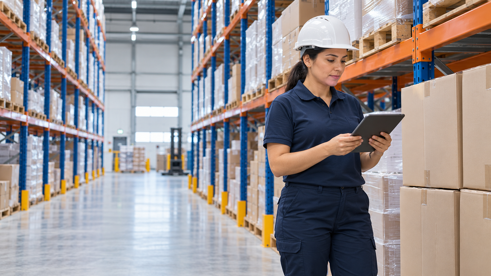 Profesional de logística inspeccionando productos con una tablet.